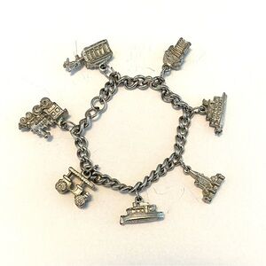 Vintage Silver Charm Bracelet with Travel Theme